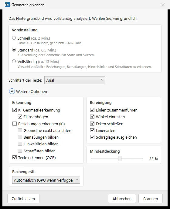 Der Startdialog mit geöffneten weiteren Optionen