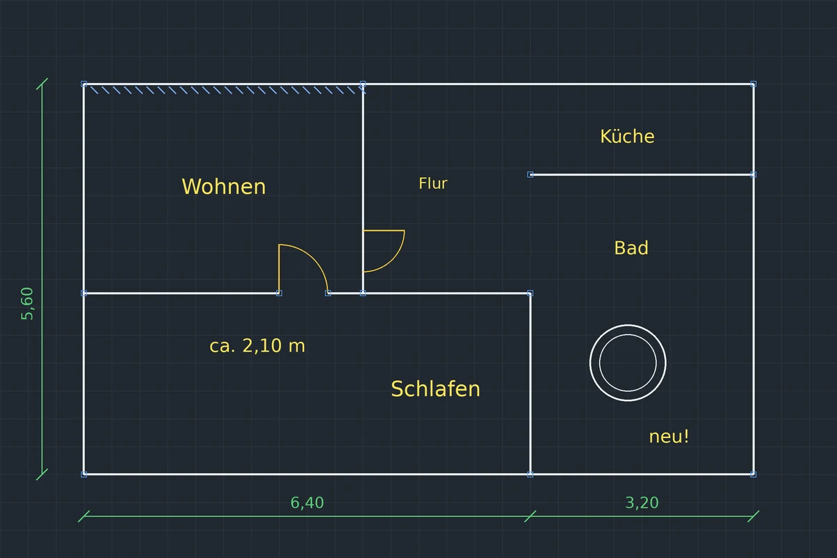 Derselbe Grundriss nach der Vektorisierung mit pdf2CAD: Linien, Bögen, Bemaßungen und Texte als CAD-Objekte in AutoCAD