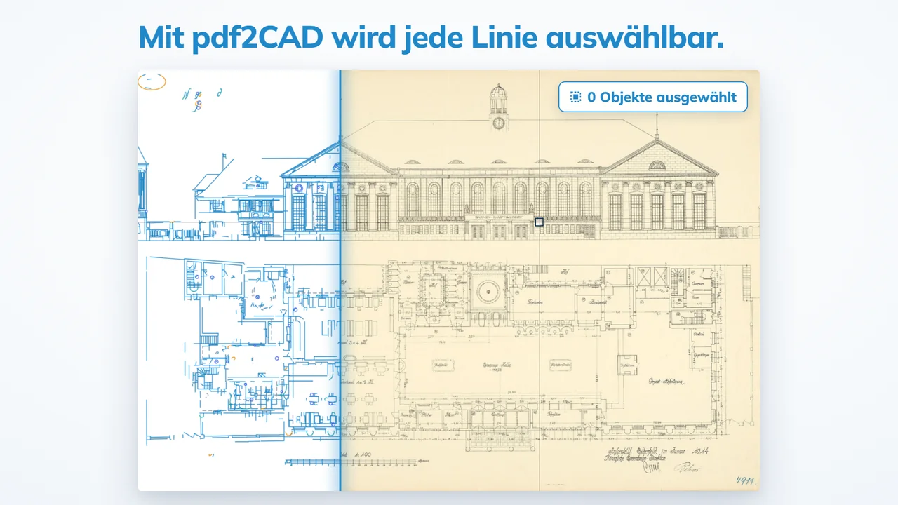Gescannter Plan in AutoCAD: mit pdf2CAD wird jede Linie einzeln auswählbar