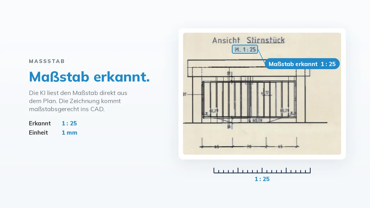Maßstab erkannt: pdf2CAD liest „M. 1:25“ aus dem Plan und setzt die Zeichnung maßstabsgerecht